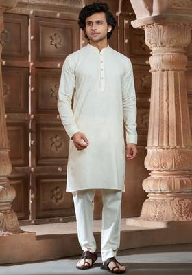 Cream Solid Cotton Kurta Set For Men