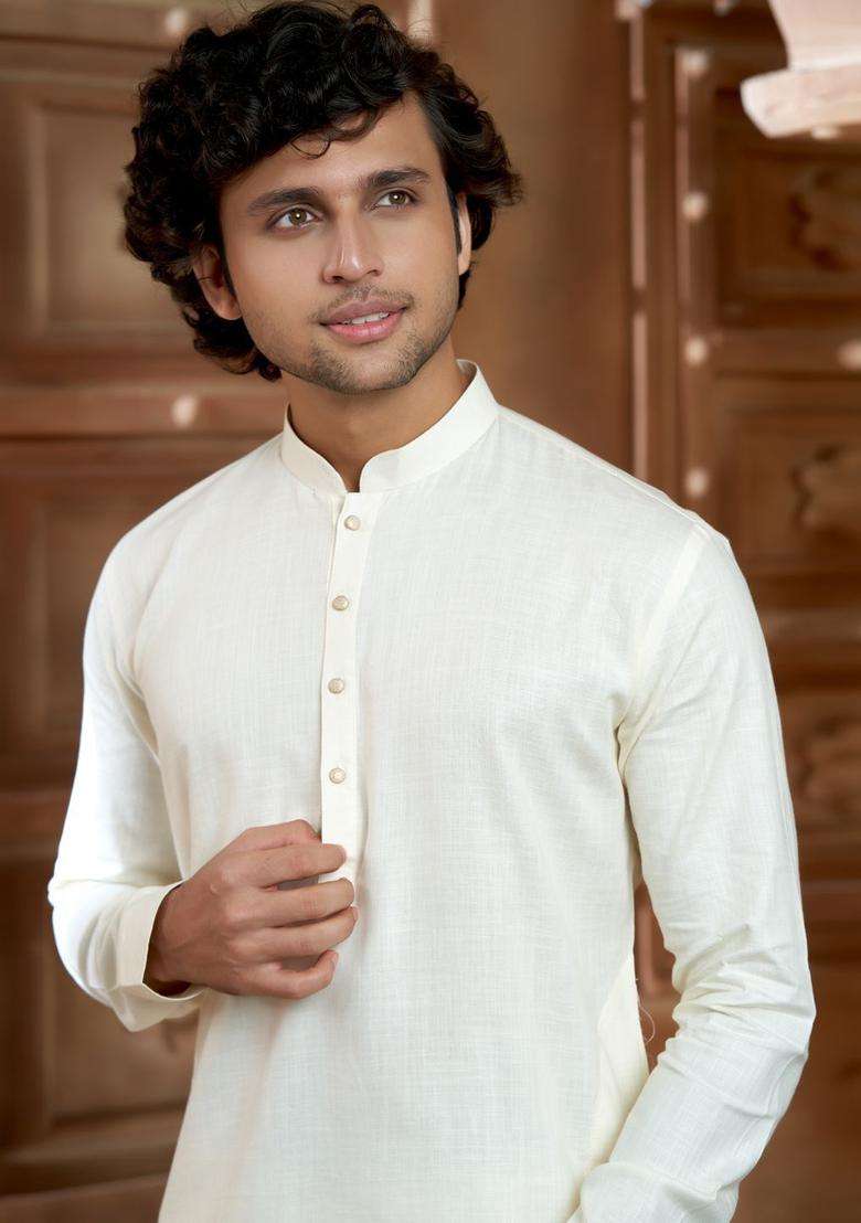 Cream Solid Cotton Kurta Set For Men - Indya
