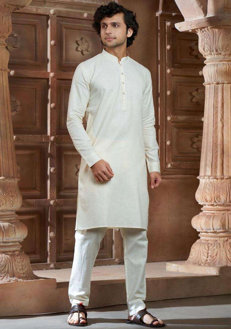 Cream Solid Cotton Kurta Set For Men - Indya