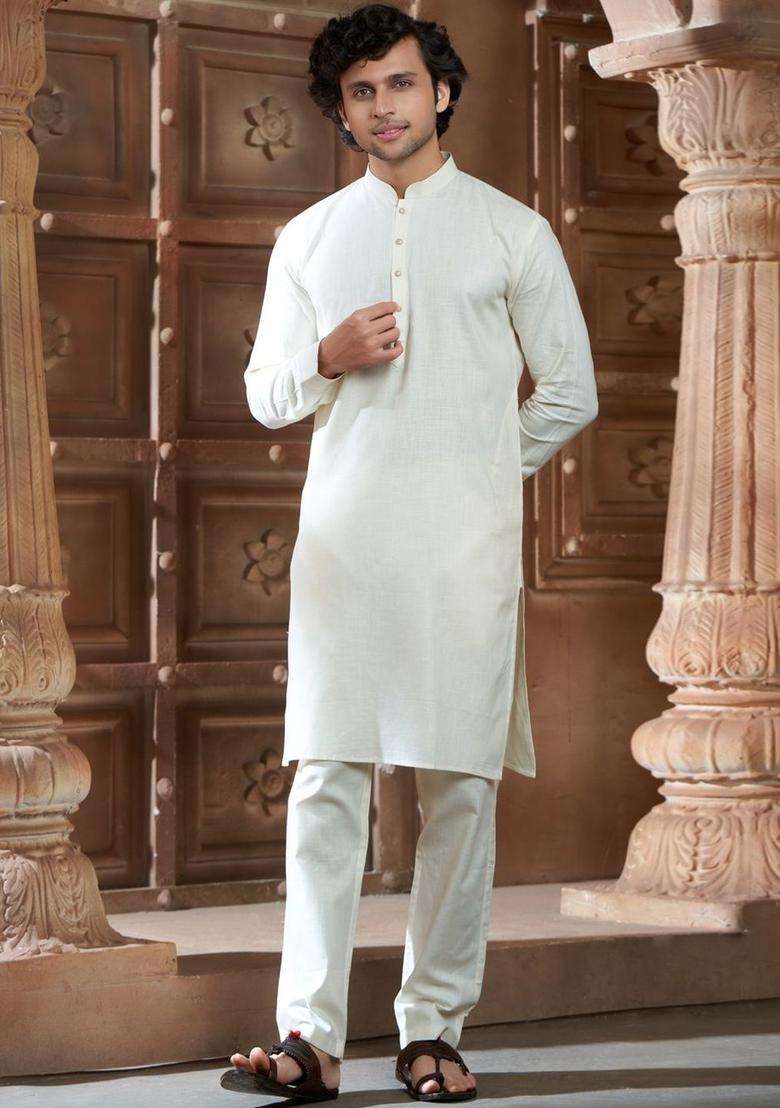 Cream Solid Cotton Kurta Set For Men - Indya
