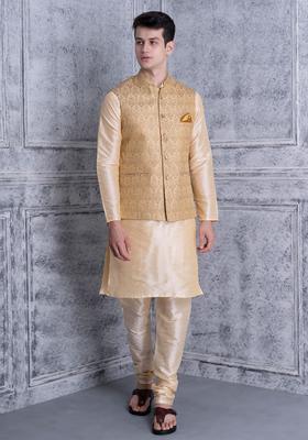 Beige Solid Silk Kurta Set For Men