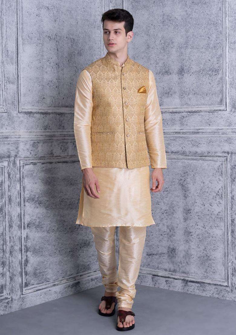 Beige Solid Silk Blend Kurta Set For Men - Indya