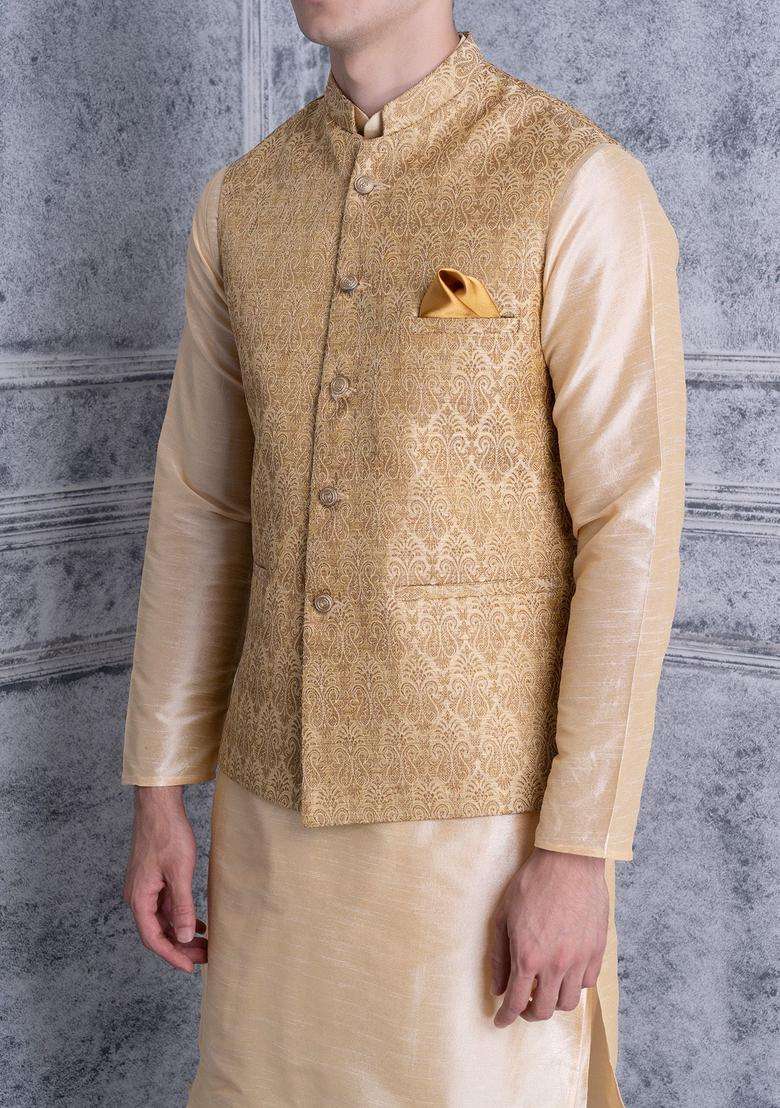 Beige Solid Silk Blend Kurta Set For Men - Indya