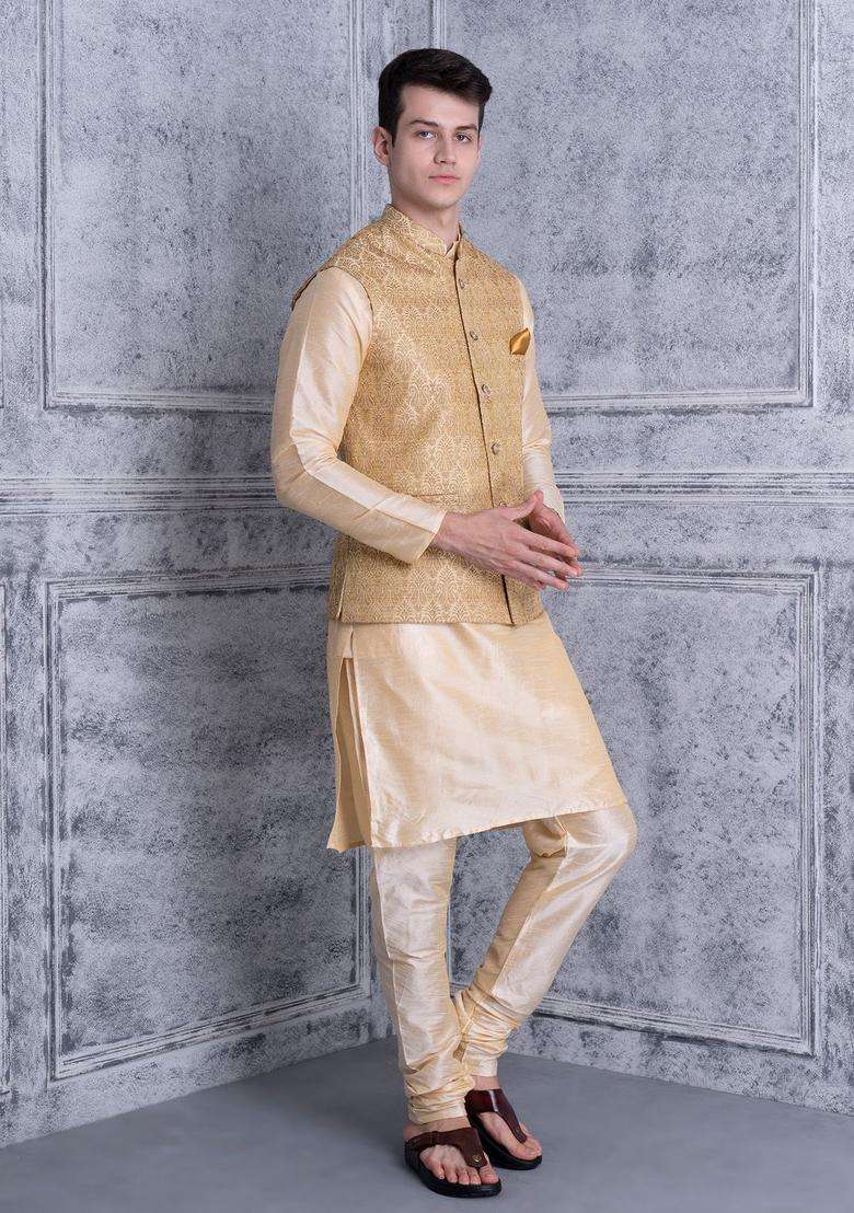 Beige Solid Silk Blend Kurta Set For Men - Indya