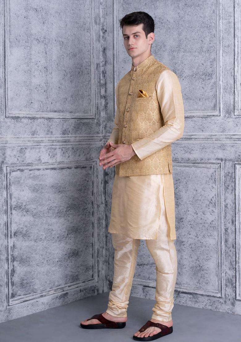 Beige Solid Silk Blend Kurta Set For Men - Indya