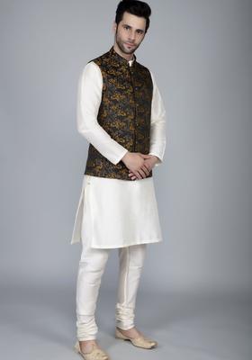 Brown Self Design Silk Kurta Set For Men