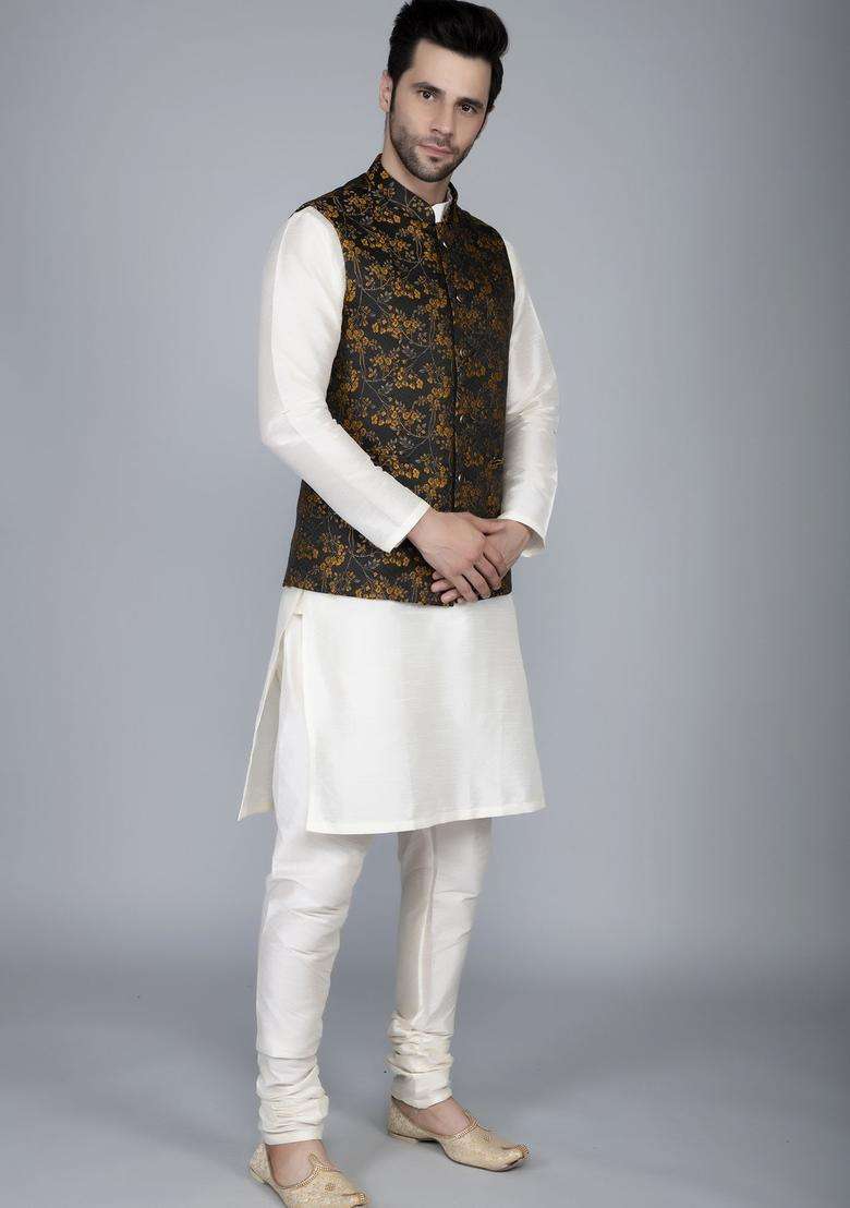 Brown Self Design Silk Blend Kurta Set For Men - Indya