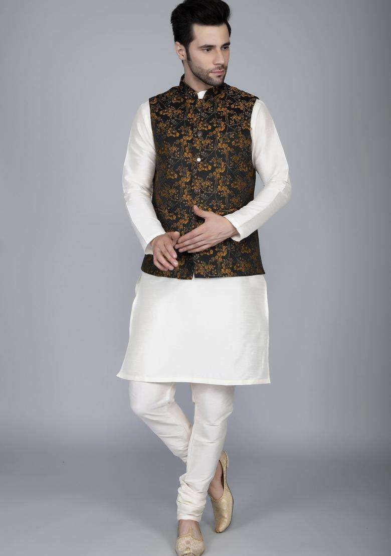 Brown Self Design Silk Blend Kurta Set For Men - Indya