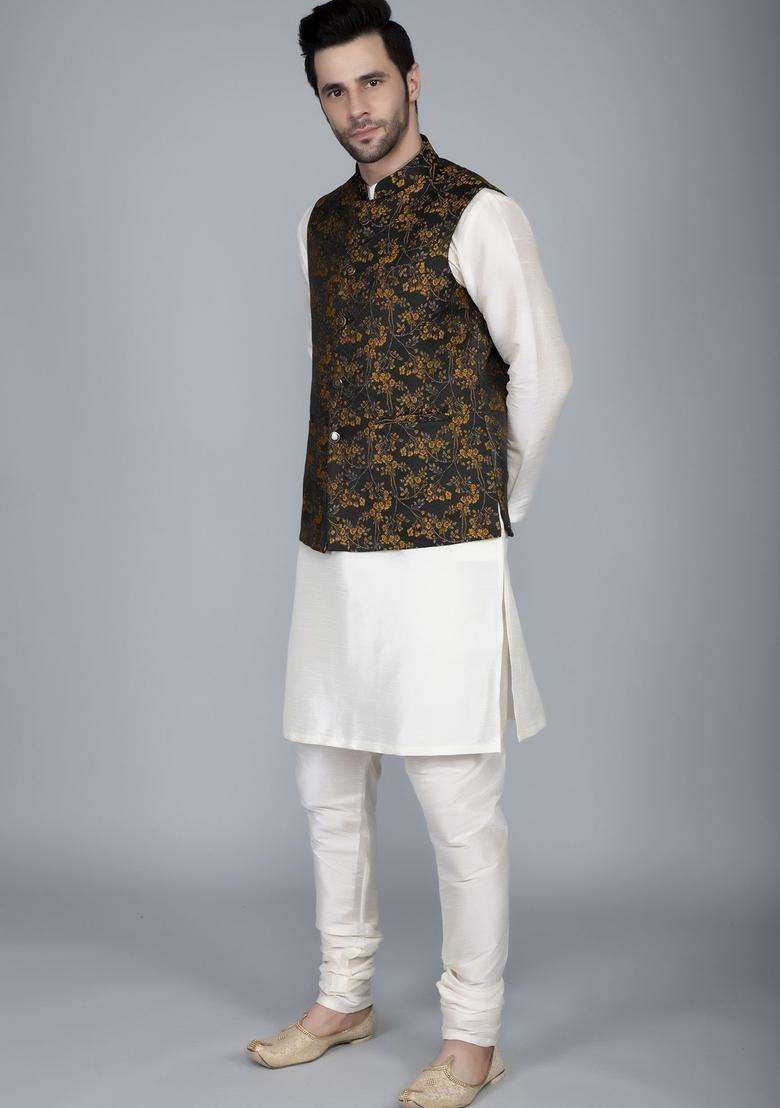 Brown Self Design Silk Blend Kurta Set For Men - Indya