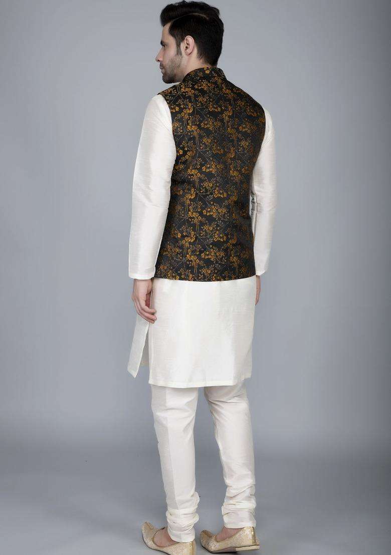 Brown Self Design Silk Blend Kurta Set For Men - Indya