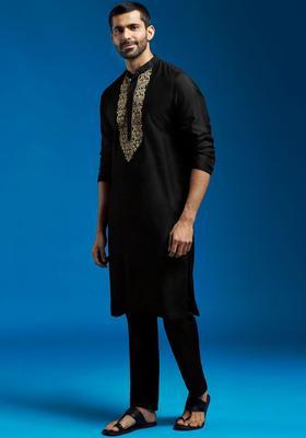 Black Embroidered Viscose Kurta Set For Men