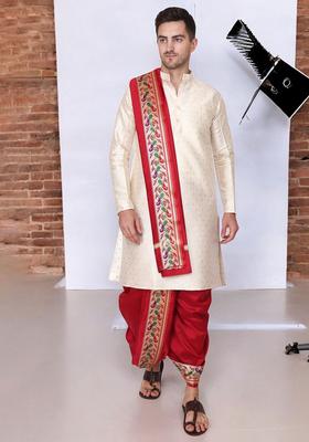 Beige Printed Cotton Kurta Set For Men