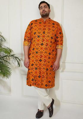 Yellow Printed Viscose Kurta Set For Men