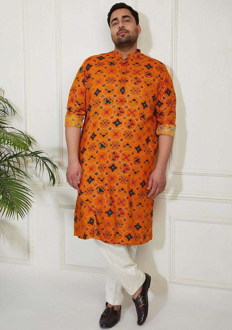 Yellow Printed Viscose Kurta Set For Men - Indya