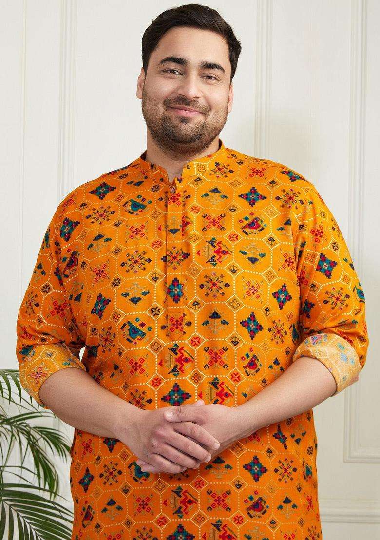 Yellow Printed Viscose Kurta Set For Men - Indya