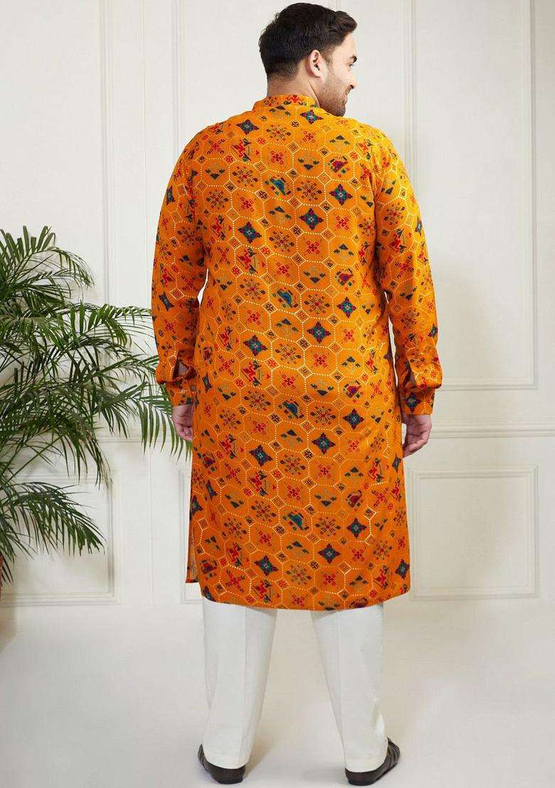 Yellow Printed Viscose Kurta Set For Men - Indya