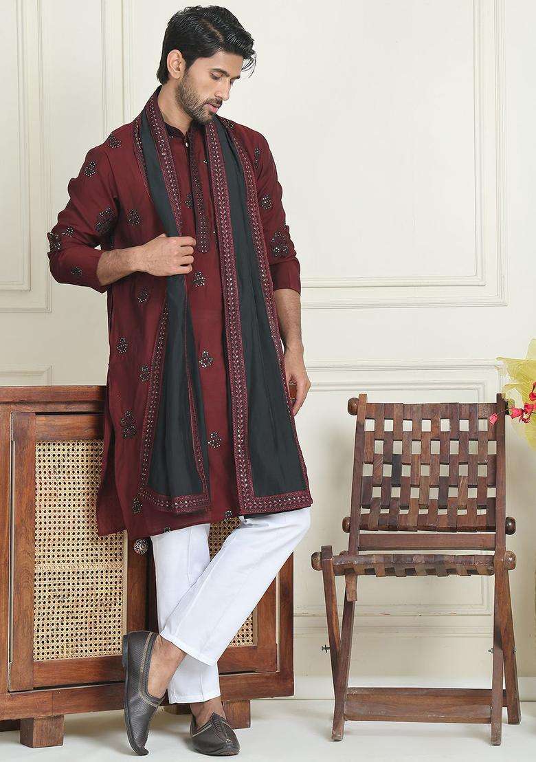 Maroon Embroidered Silk Blend Kurta Set For Men - Indya