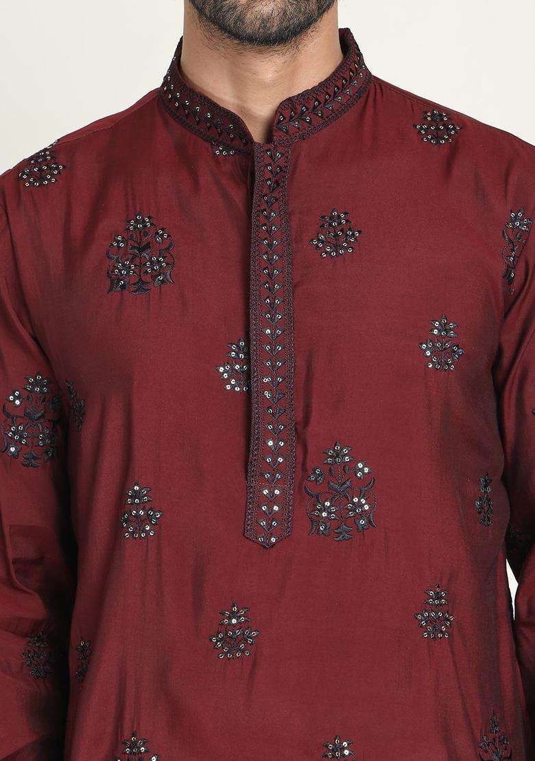 Maroon Embroidered Silk Blend Kurta Set For Men - Indya