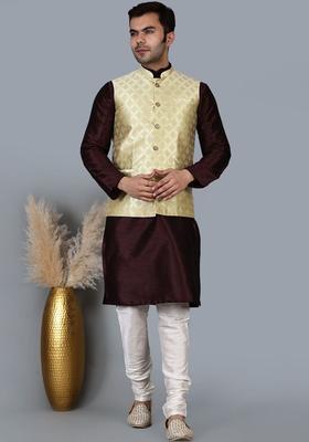 Maroon Solid Silk Kurta Set For Men