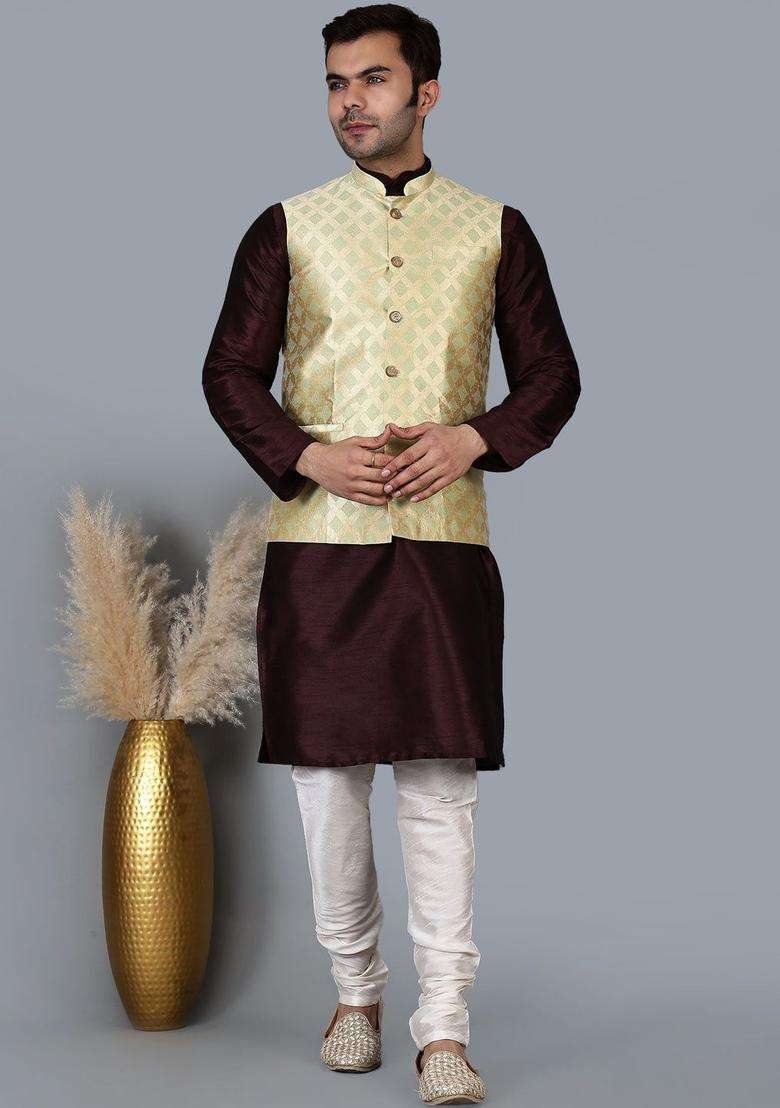 Maroon Solid Silk Blend Kurta Set For Men - Indya
