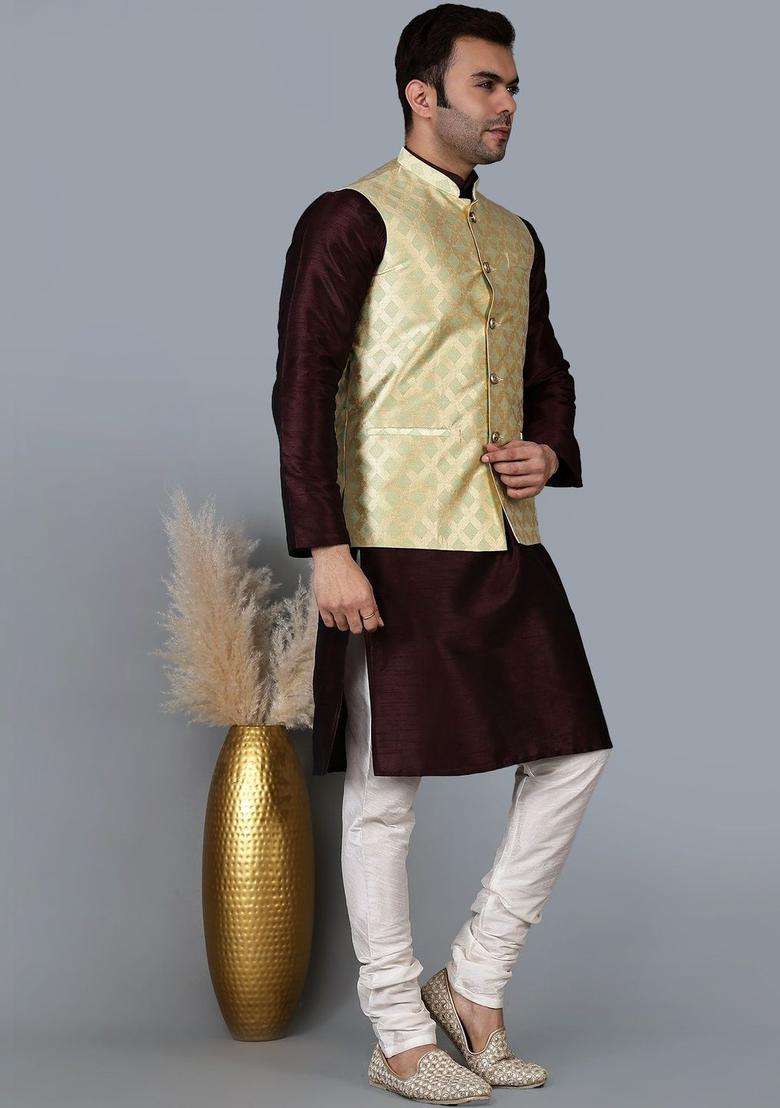 Maroon Solid Silk Blend Kurta Set For Men - Indya