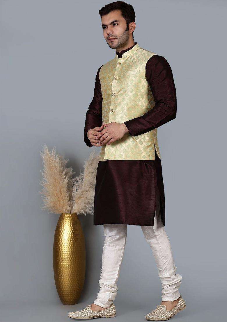Maroon Solid Silk Blend Kurta Set For Men - Indya