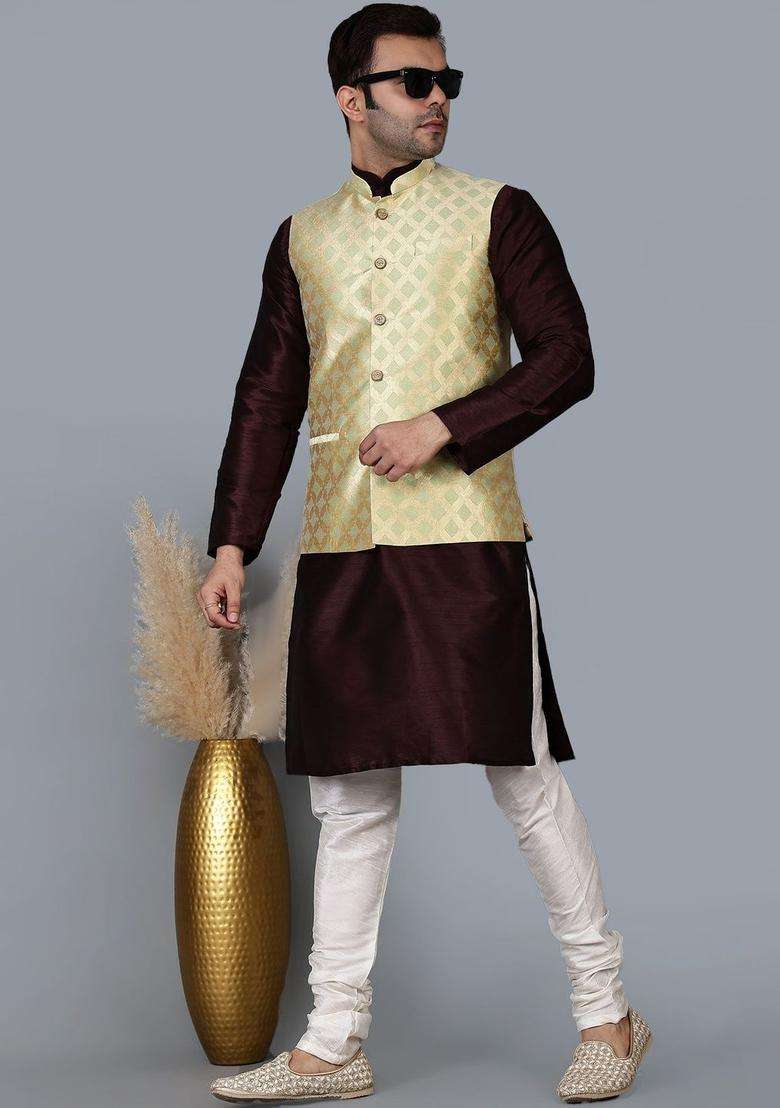 Maroon Solid Silk Blend Kurta Set For Men - Indya