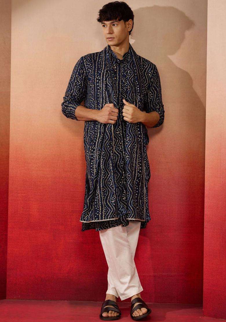 Navy Blue Printed Viscose Kurta Set For Men - Indya