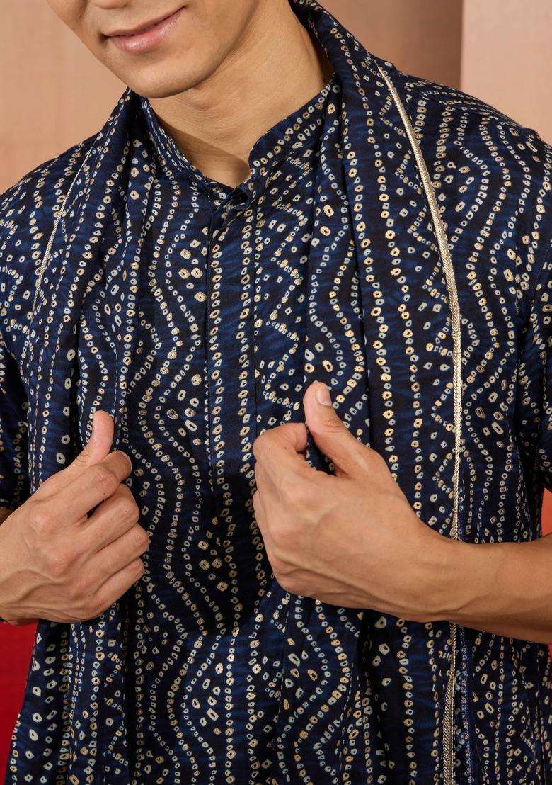 Navy Blue Printed Viscose Kurta Set For Men - Indya