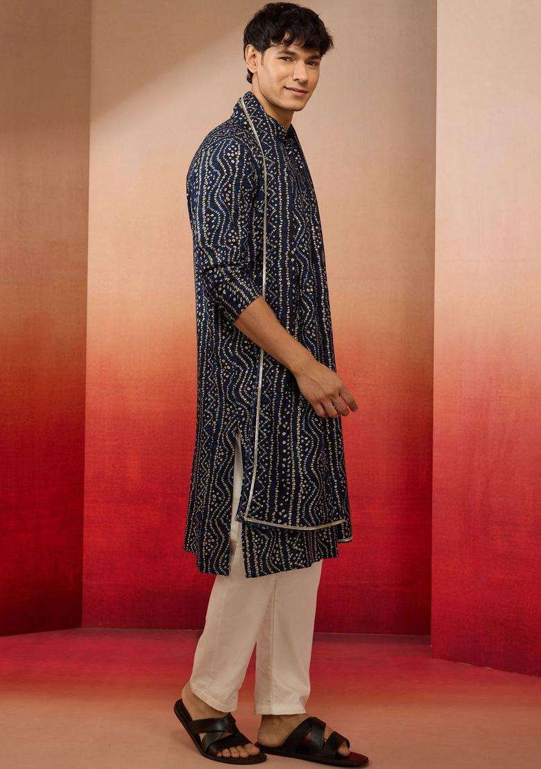 Navy Blue Printed Viscose Kurta Set For Men - Indya