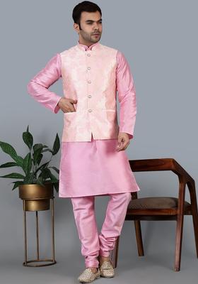 Pink Solid Silk Kurta Set For Men
