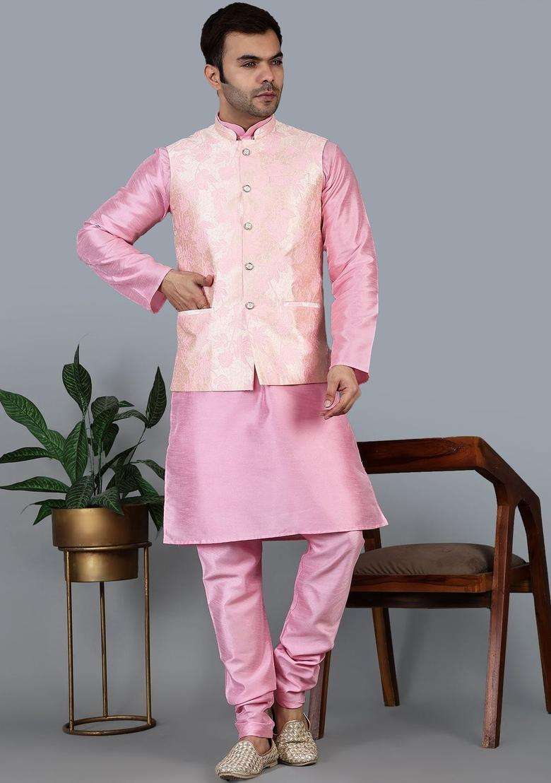 Pink Solid Silk Blend Kurta Set For Men - Indya