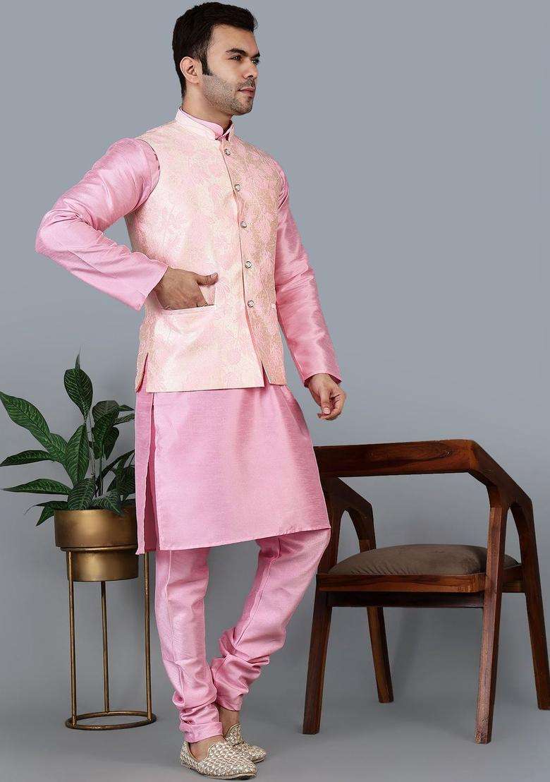Pink Solid Silk Blend Kurta Set For Men - Indya