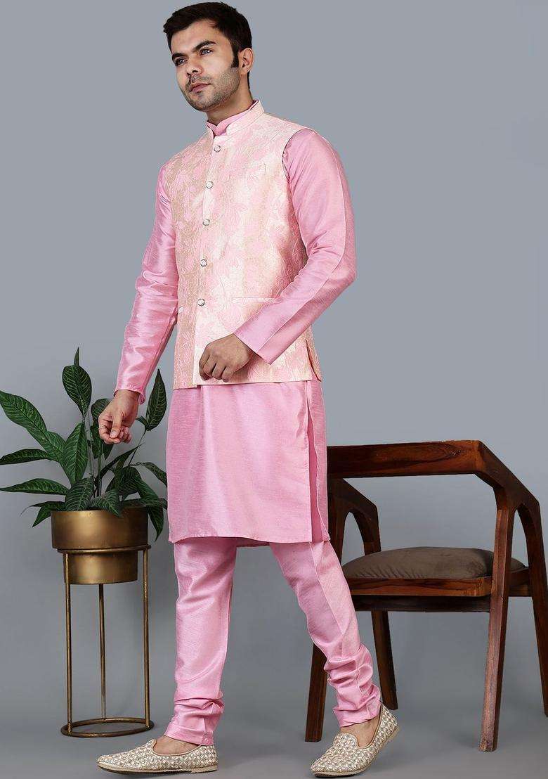 Pink Solid Silk Blend Kurta Set For Men - Indya