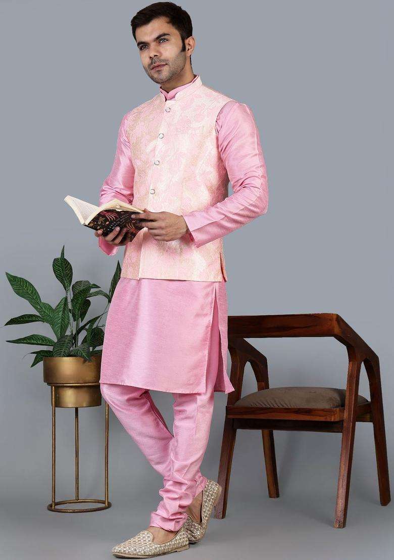 Pink Solid Silk Blend Kurta Set For Men - Indya