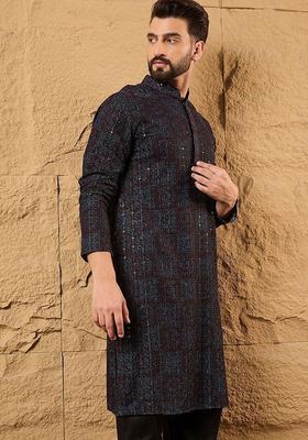 Black Printed Viscose Kurta Set For Men