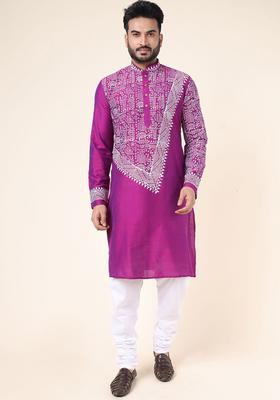 Purple Printed Cotton Kurta Set For Men