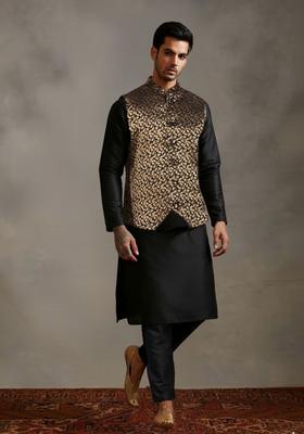 Black Solid Polyester Kurta Set For Men