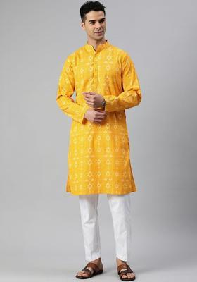 Yellow Printed Cotton Kurta Set For Men