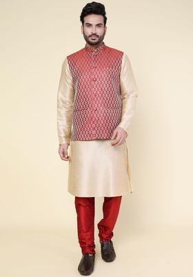 Maroon Solid Silk Kurta Set For Men