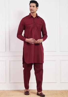 Maroon Solid Cotton Kurta Set For Men