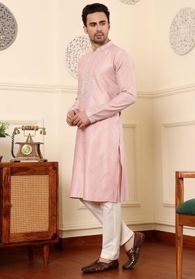 Pink Embroidered Silk Kurta Set For Men