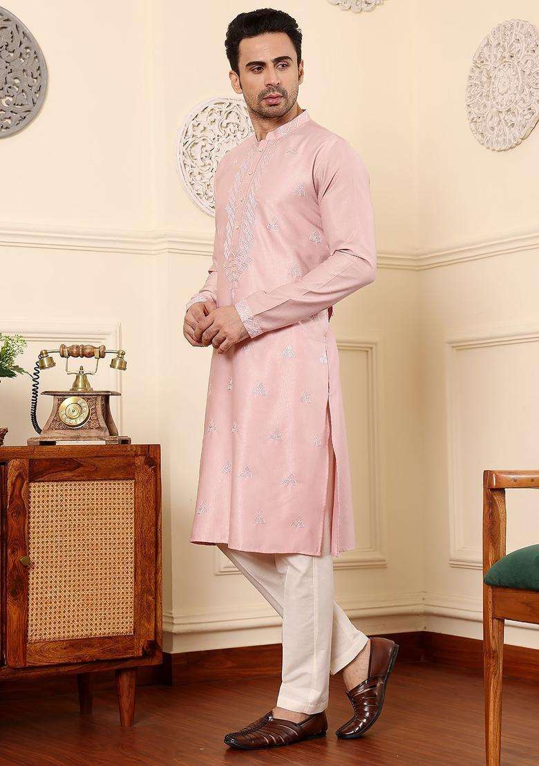 Pink Embroidered Silk Blend Kurta Set For Men - Indya