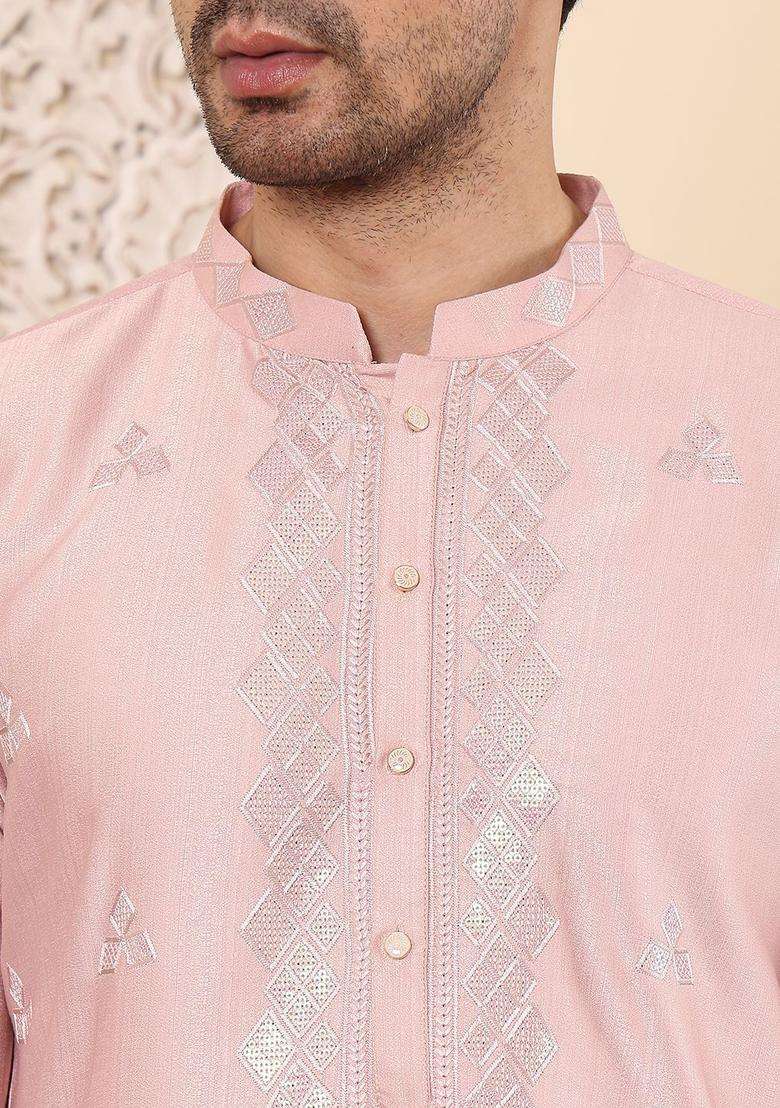 Pink Embroidered Silk Blend Kurta Set For Men - Indya