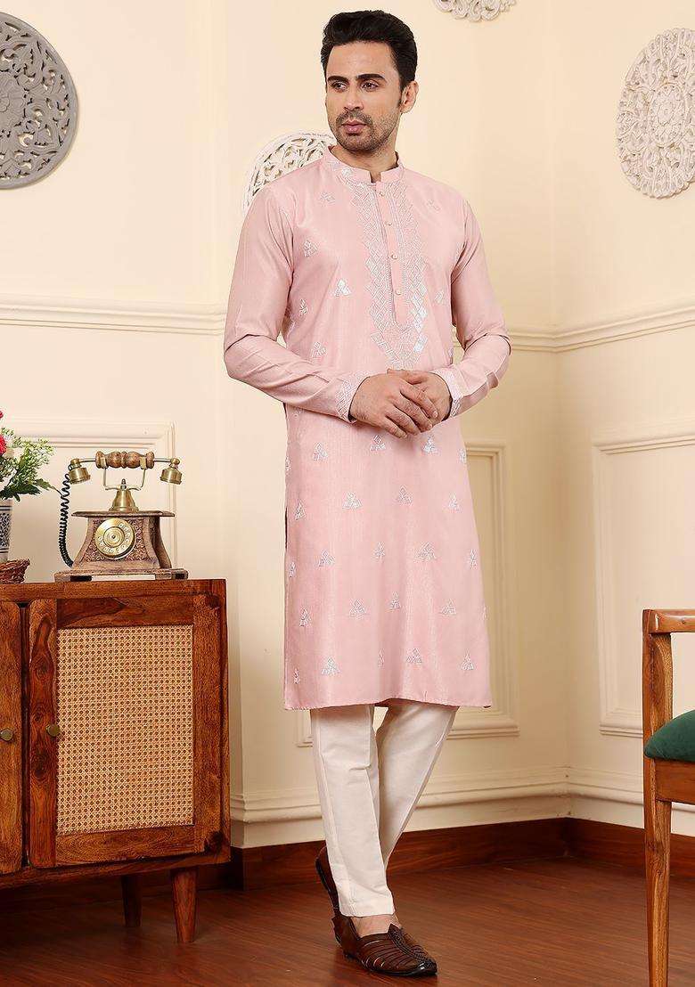 Pink Embroidered Silk Blend Kurta Set For Men - Indya