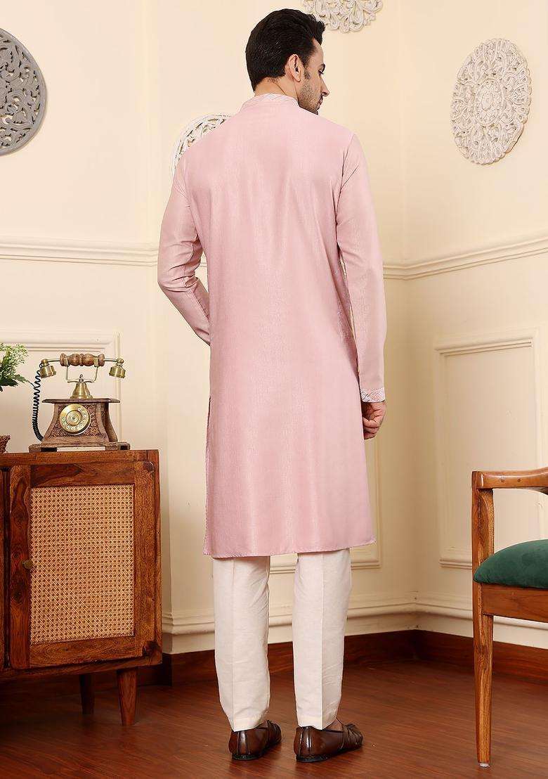Pink Embroidered Silk Blend Kurta Set For Men - Indya
