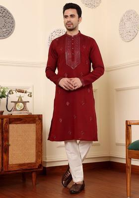 Red Embroidered Silk Kurta Set For Men