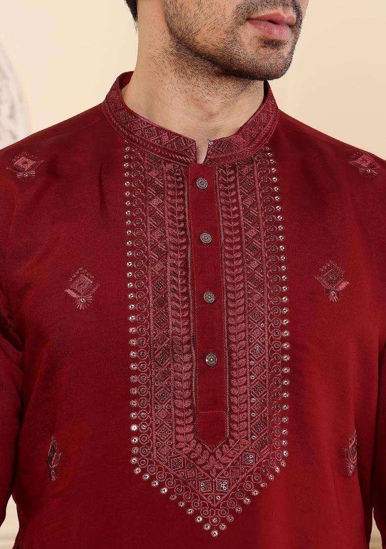 Red Embroidered Silk Blend Kurta Set For Men - Indya