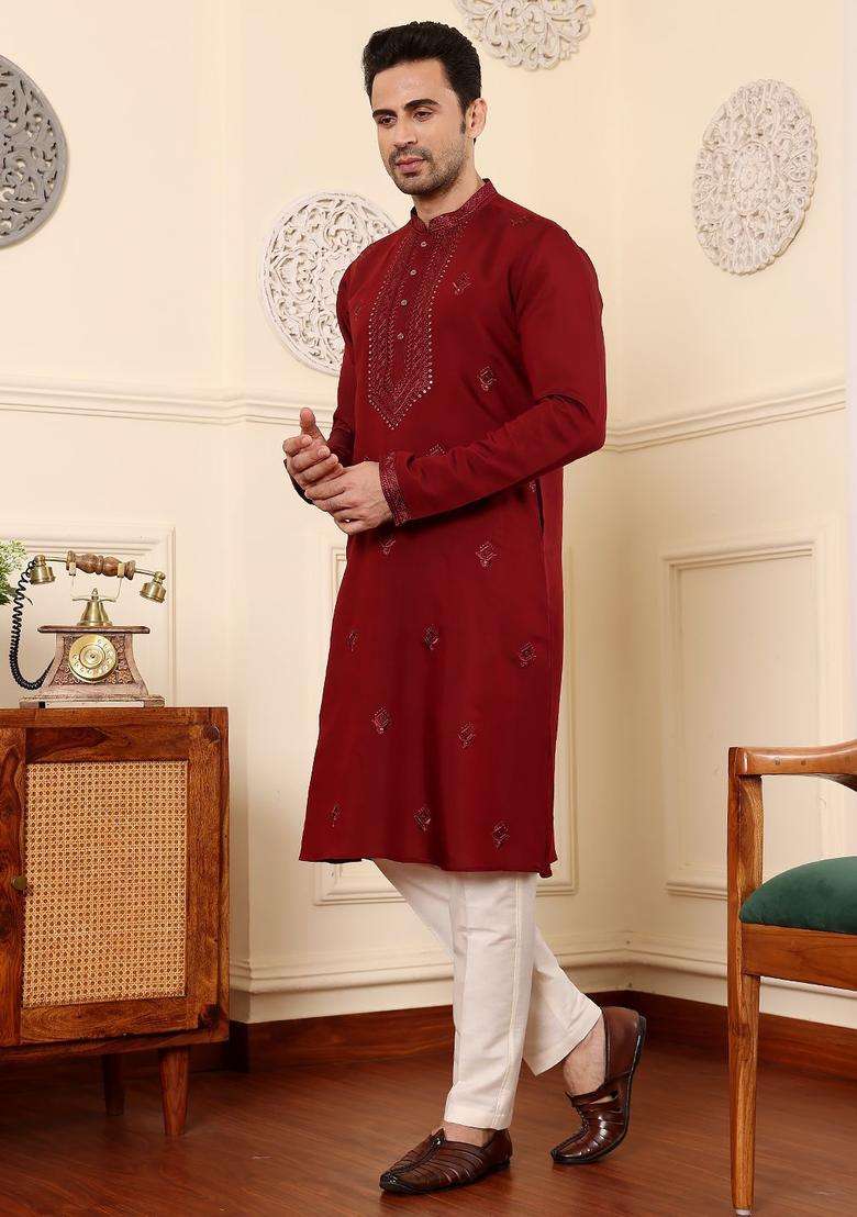Red Embroidered Silk Blend Kurta Set For Men - Indya