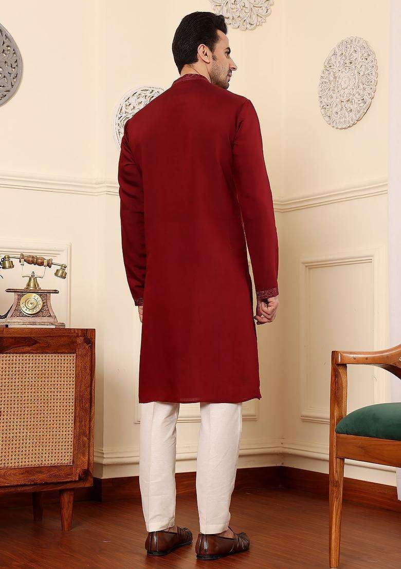 Red Embroidered Silk Blend Kurta Set For Men - Indya